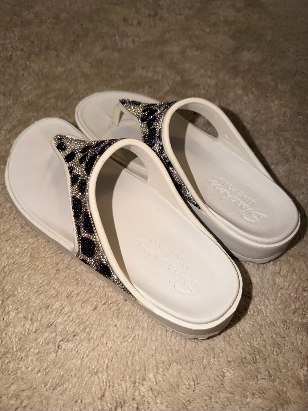 Skechers Luxe Foam Sandals with Black Rhinestone Leopard Print Trim